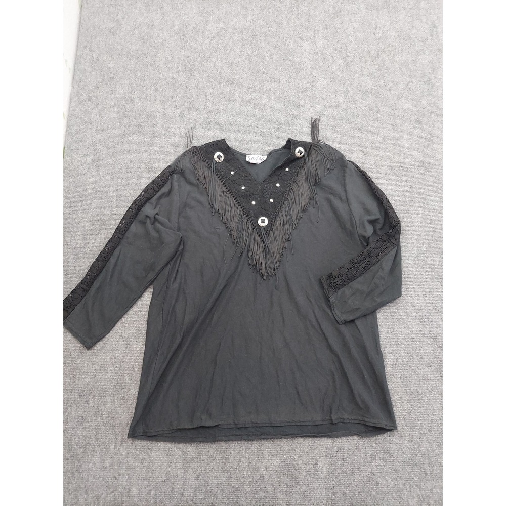 Vtg Sassa Western Shirt Womens 44 L Black Fringe Conchos Tassels Crochet Sleeve‎